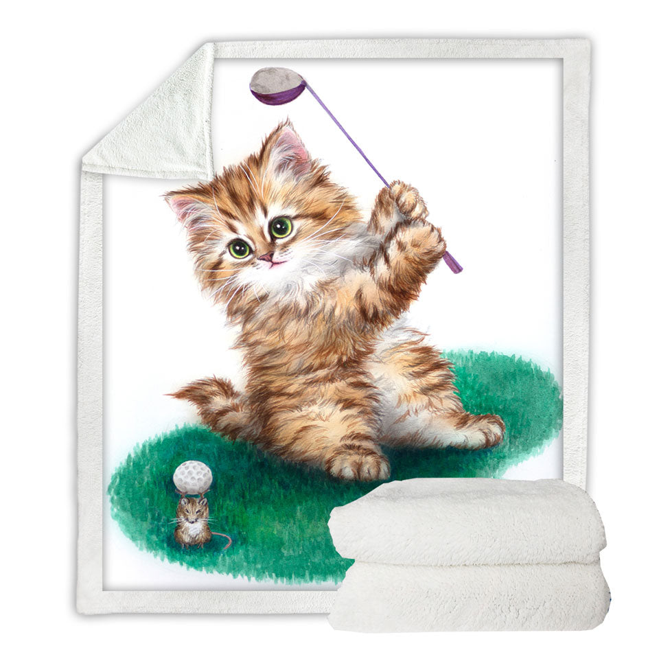 Funny Cute Cat Little Golfer Fleece Blankets