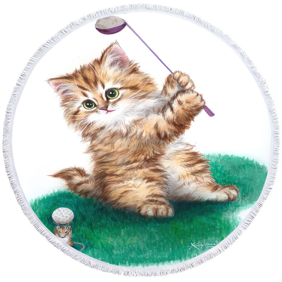 Funny Cute Cat Little Golfer Round Beach Towel