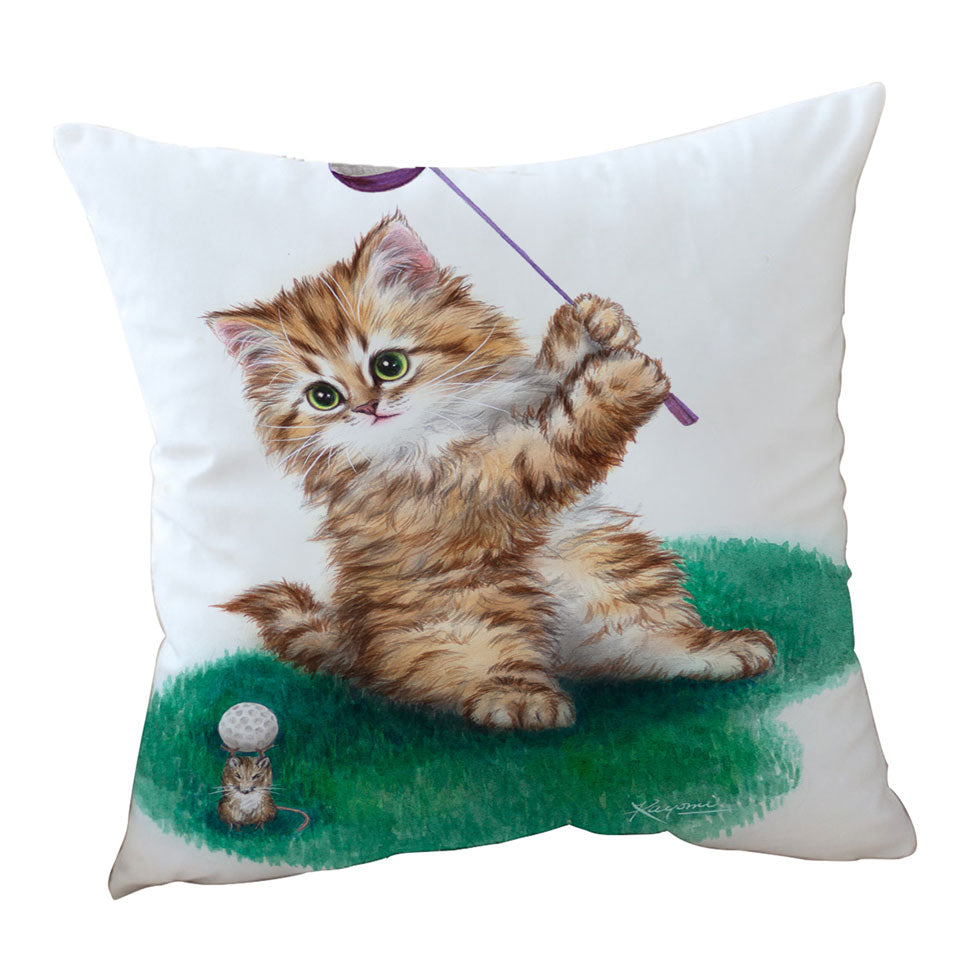Funny Cute Cat Little Golfer Throw Pillow