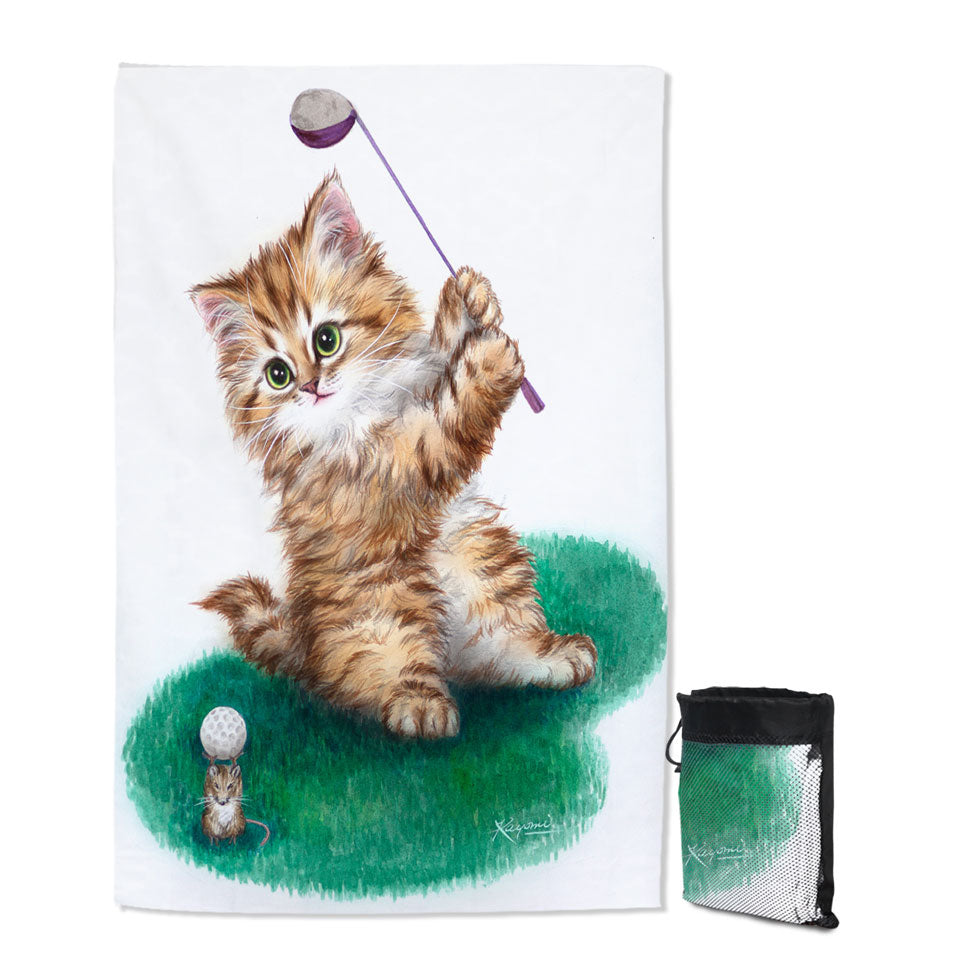 Funny Cute Cat Little Golfer Unique Beach Towel