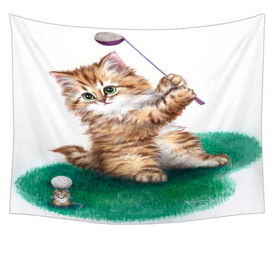Funny Cute Cat Little Golfer Wall Decor Tapestry