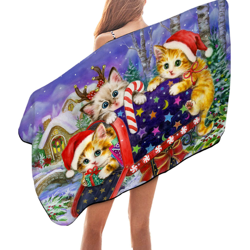 Funny Cute Christmas Beach Towels with Three Cats Kittens