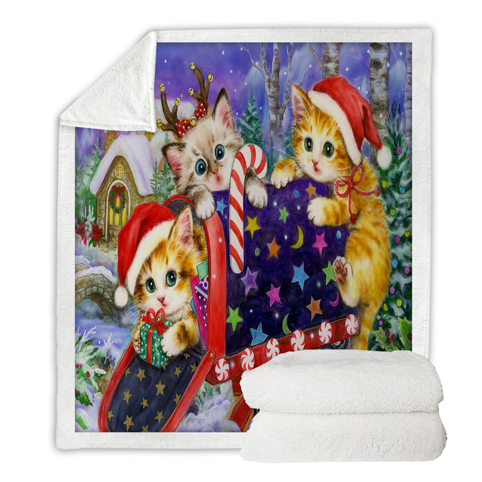 Funny Cute Christmas Sherpa Blankets with Three Cats Kittens