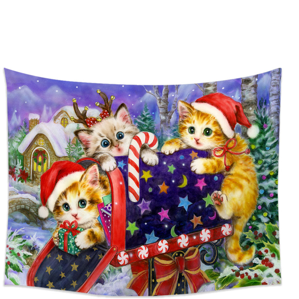 Funny Cute Christmas Tapestry with Three Cats Kittens