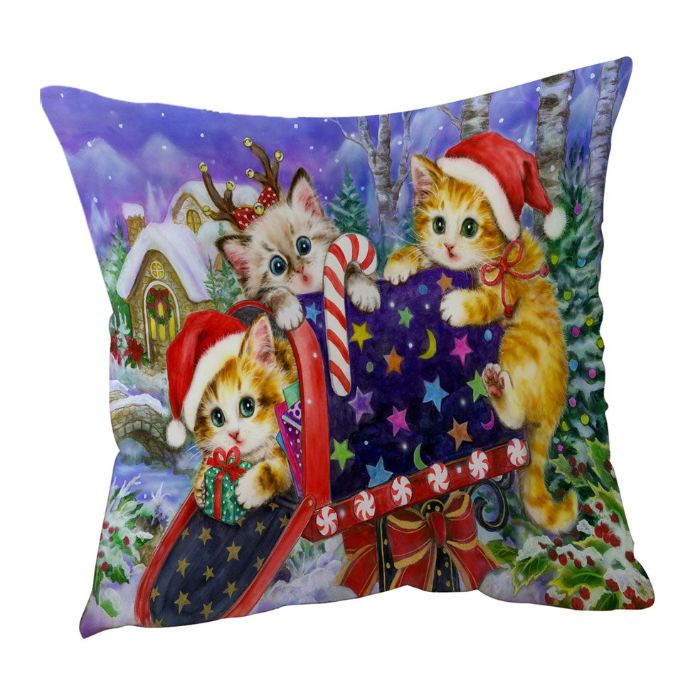 Funny Cute Christmas Throw Pillows and Cushions with Three Cats Kittens