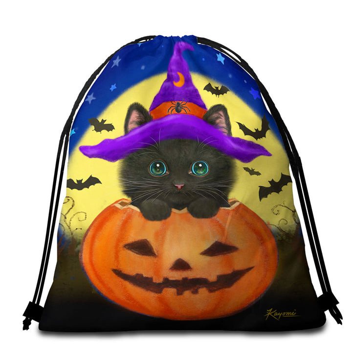 Funny Cute Halloween Black Cat in Pumpkin Beach Towel Pack