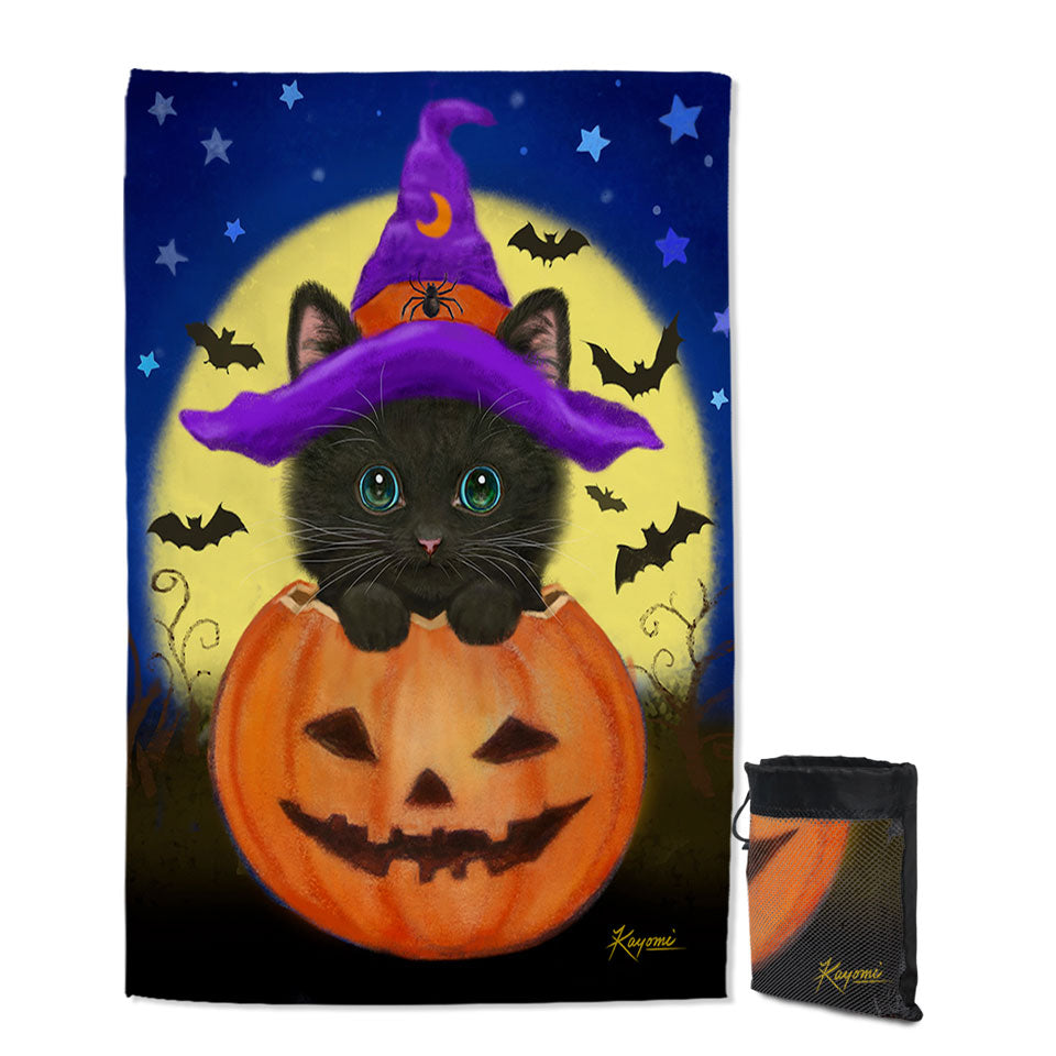Funny Cute Halloween Black Cat in Pumpkin Beach Towels
