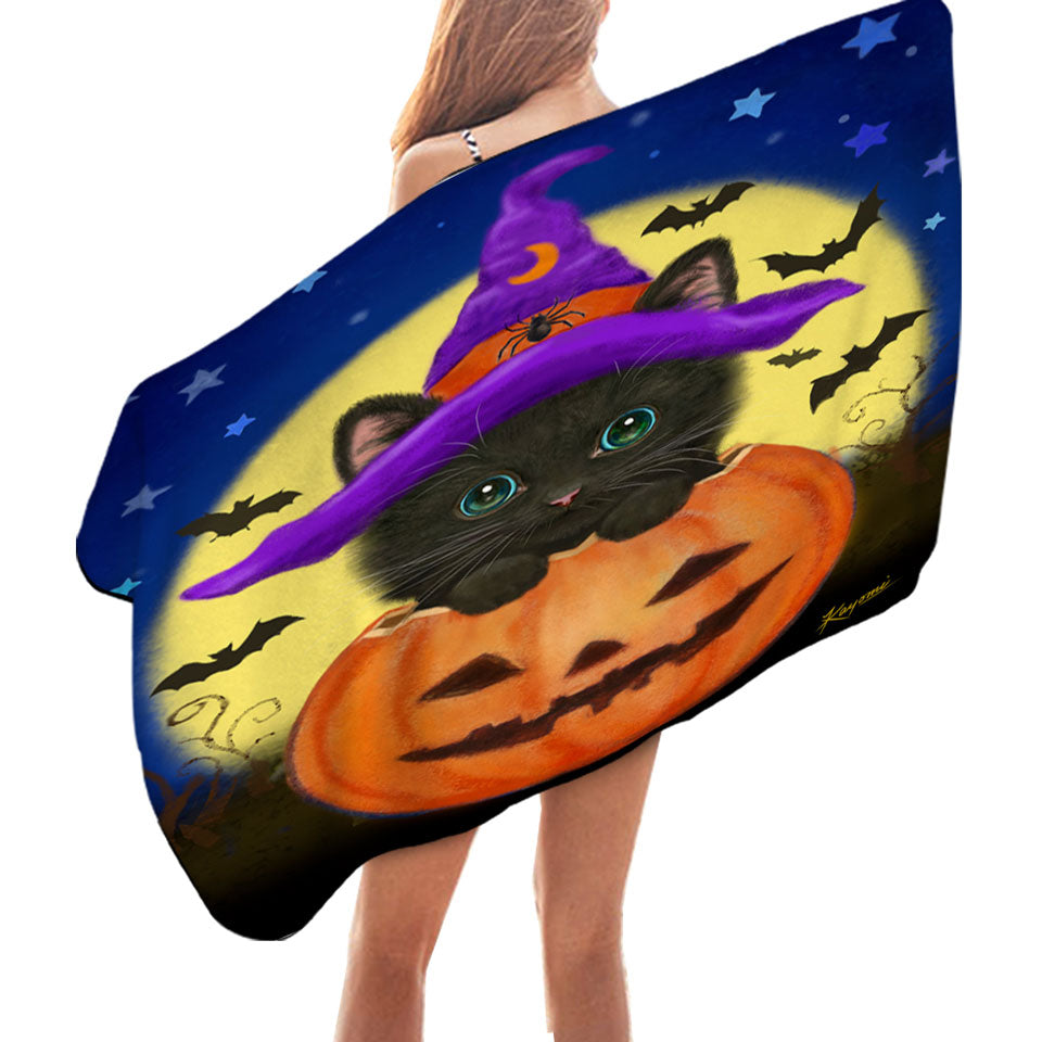 Funny Cute Halloween Black Cat in Pumpkin Pool Towels