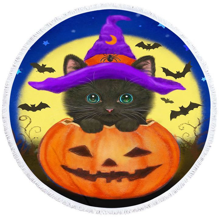 Funny Cute Halloween Black Cat in Pumpkin Round Beach Towel