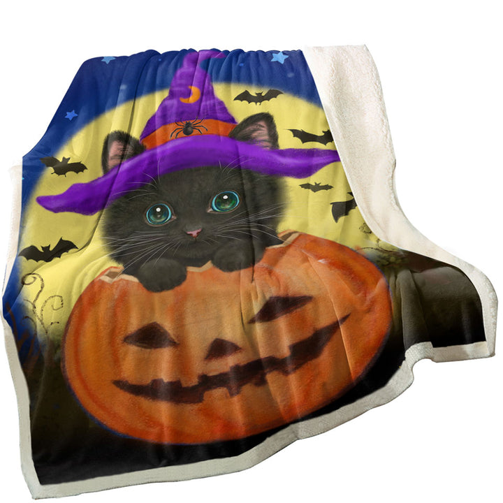 Funny Cute Halloween Black Cat in Pumpkin Sherpa blanket
