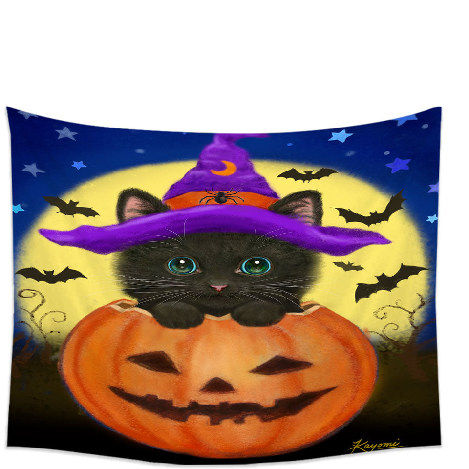 Funny Cute Halloween Black Cat in Pumpkin Tapestry