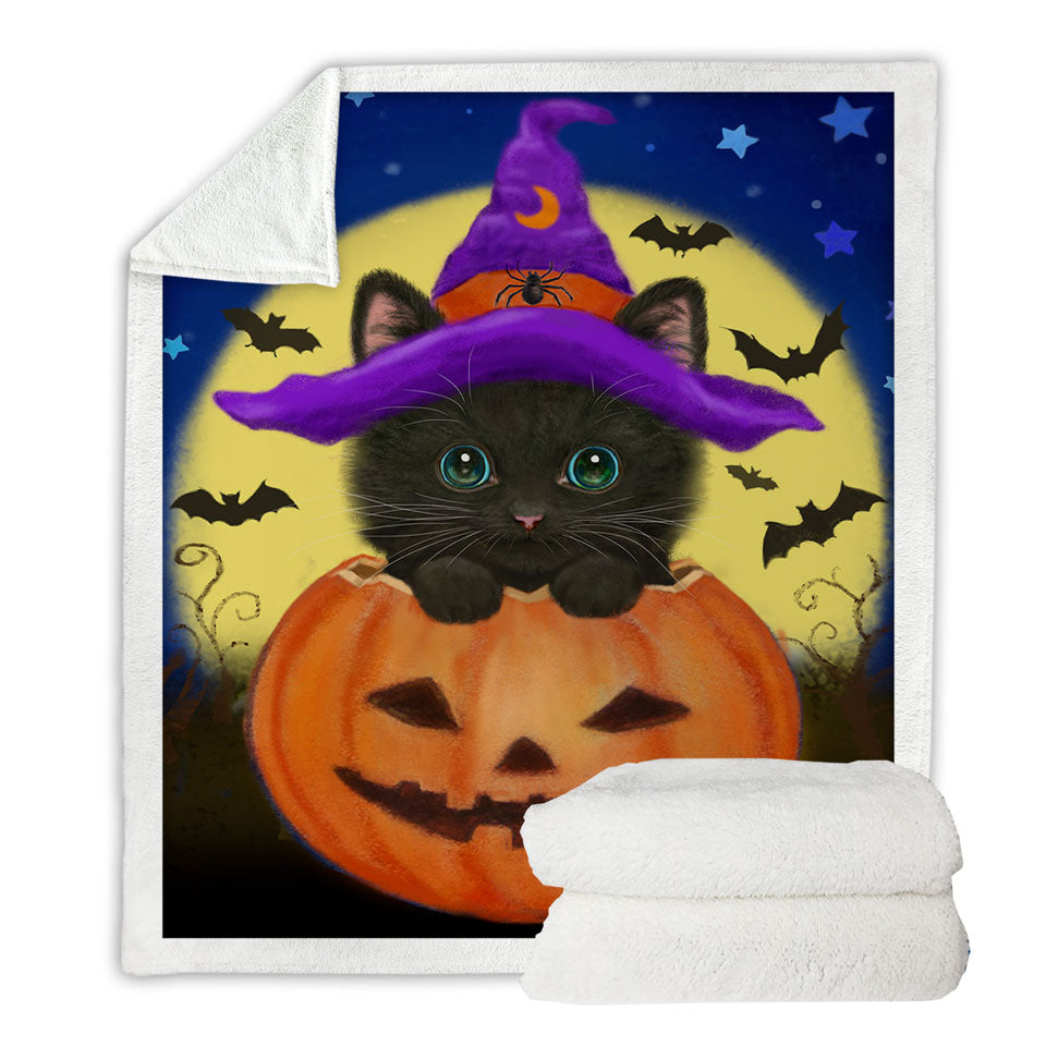 Funny Cute Halloween Black Cat in Pumpkin Throws