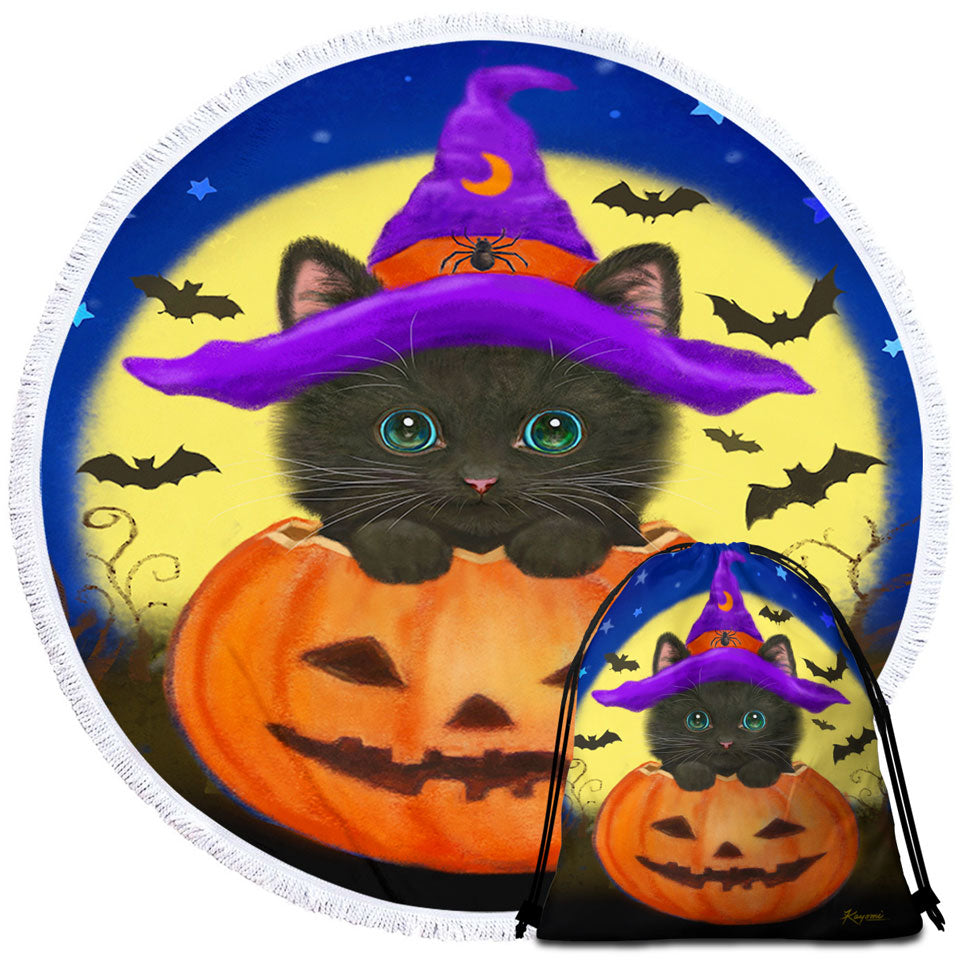 Funny Cute Halloween Black Cat in Pumpkin Travel Beach Towel