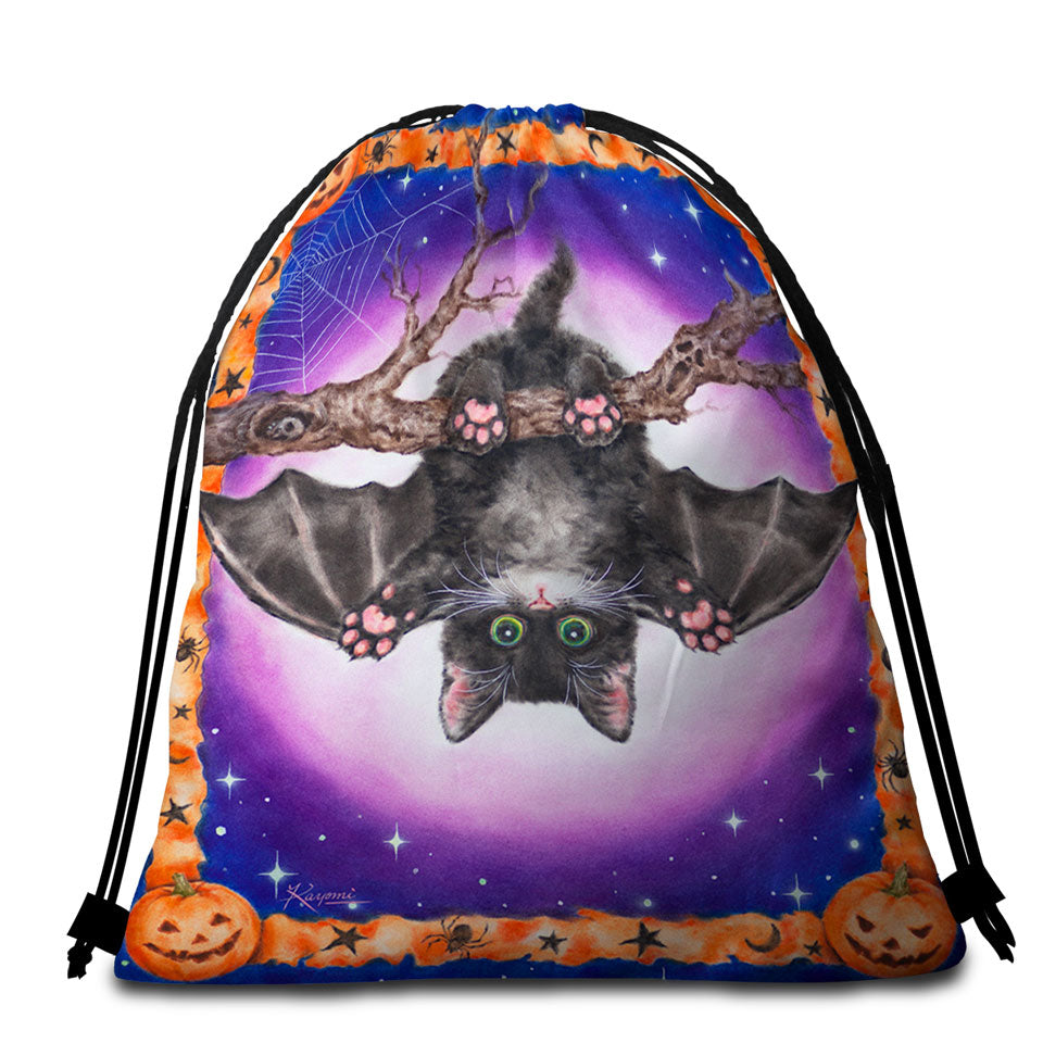 Funny Cute Halloween Kitten Bat Beach Towel Bags