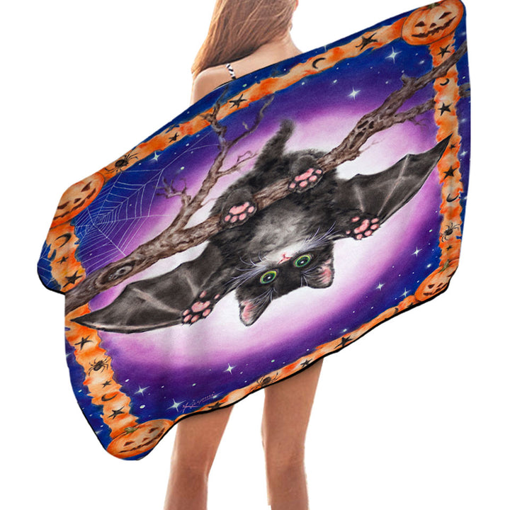 Funny Cute Halloween Kitten Bat Beach Towel