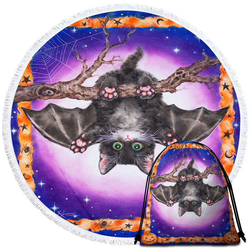 Funny Cute Halloween Kitten Bat Round Beach Towel
