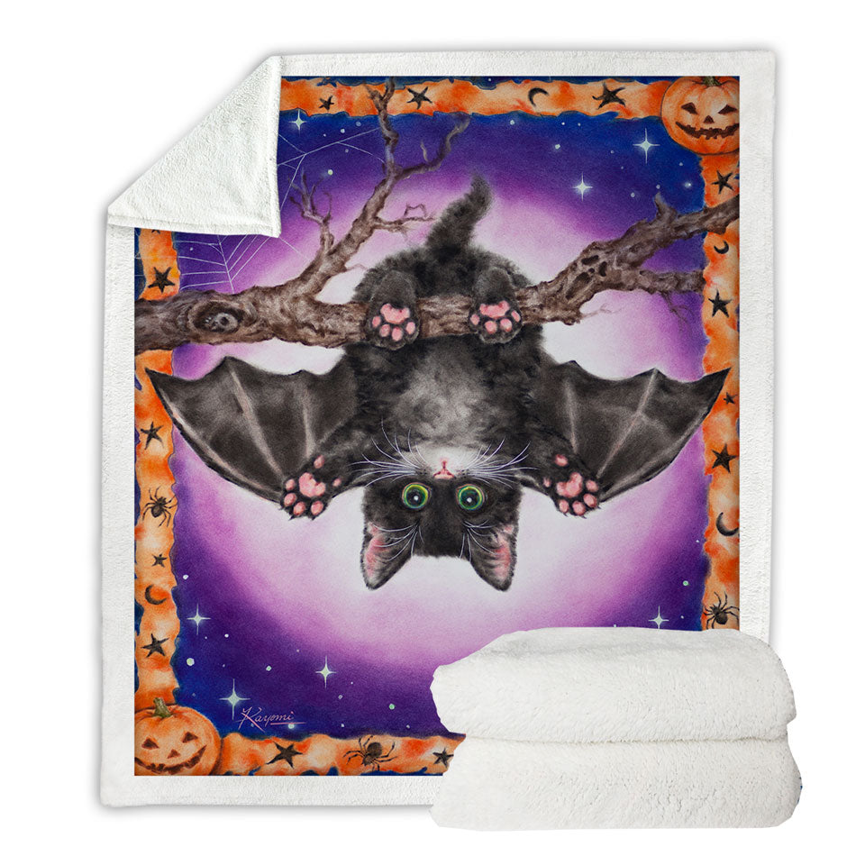 Funny Cute Halloween Kitten Bat Sherpa Blanket