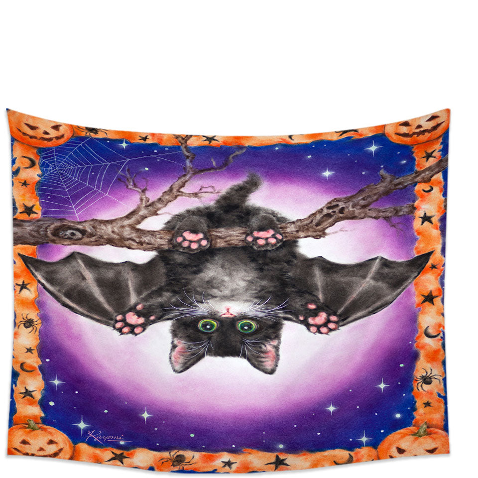 Funny Cute Halloween Kitten Bat Tapestry