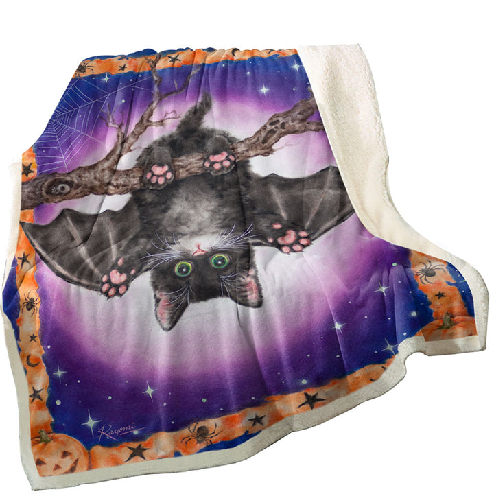Funny Cute Halloween Kitten Bat Throw Blanket