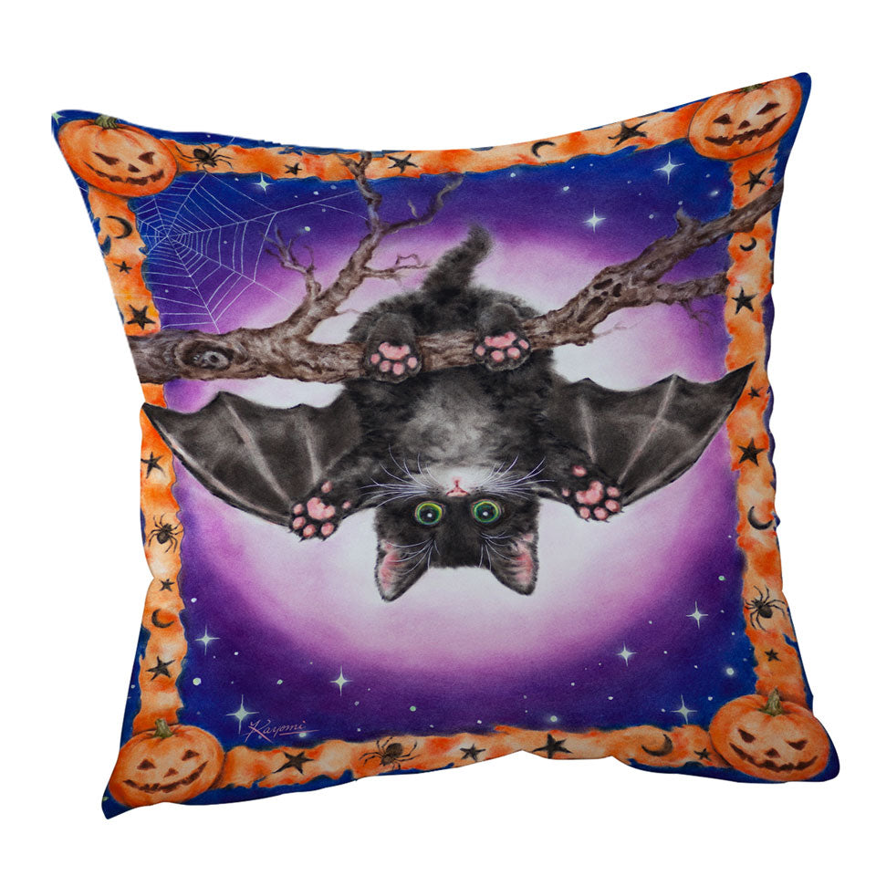 Funny Cute Halloween Kitten Bat Throw Pillow