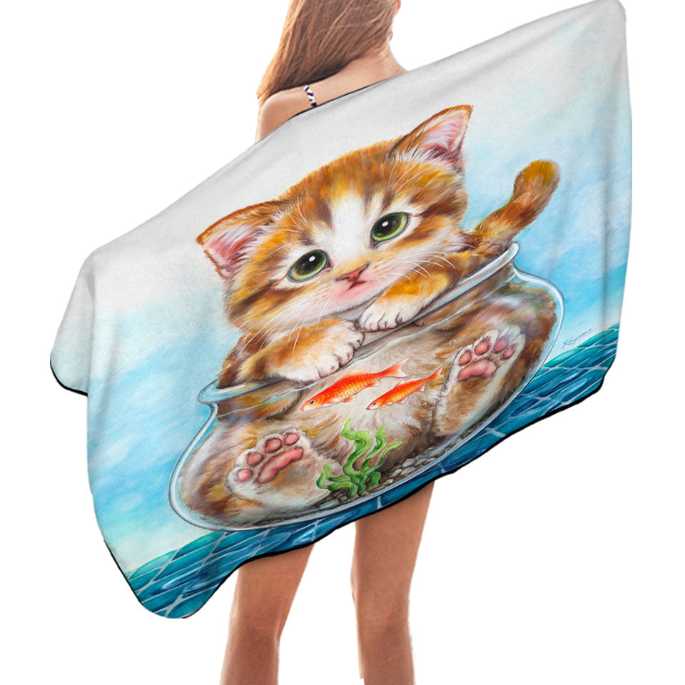 Funny Cute Microfiber Beach Towels Cats Design Ginger Kitten in Fish Bowl