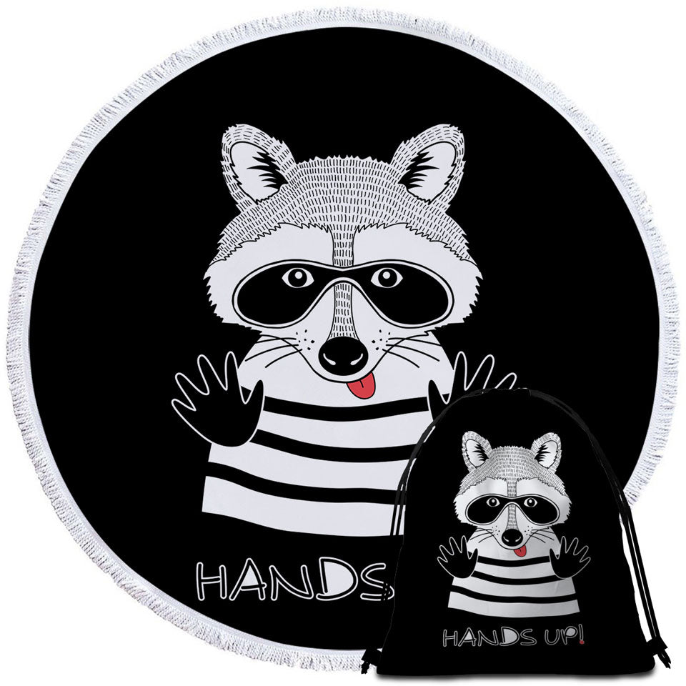Funny Cute Prisoner Raccoon Round Beach Towel
