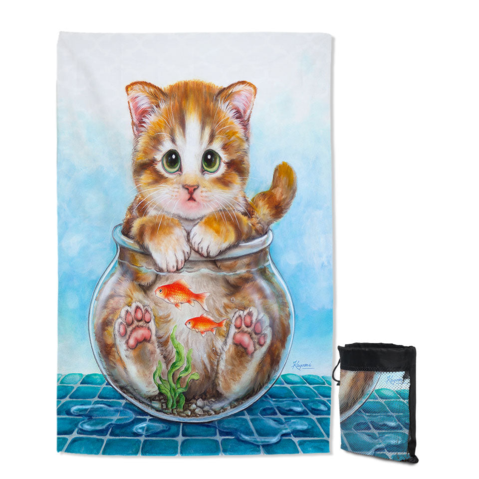 Funny Cute Quick Dry Beach Towel Cats Design Ginger Kitten in Fish Bowl