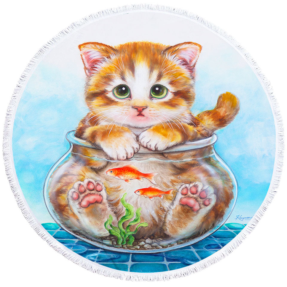 Funny Cute Round Beach Towels Cats Design Ginger Kitten in Fish Bowl