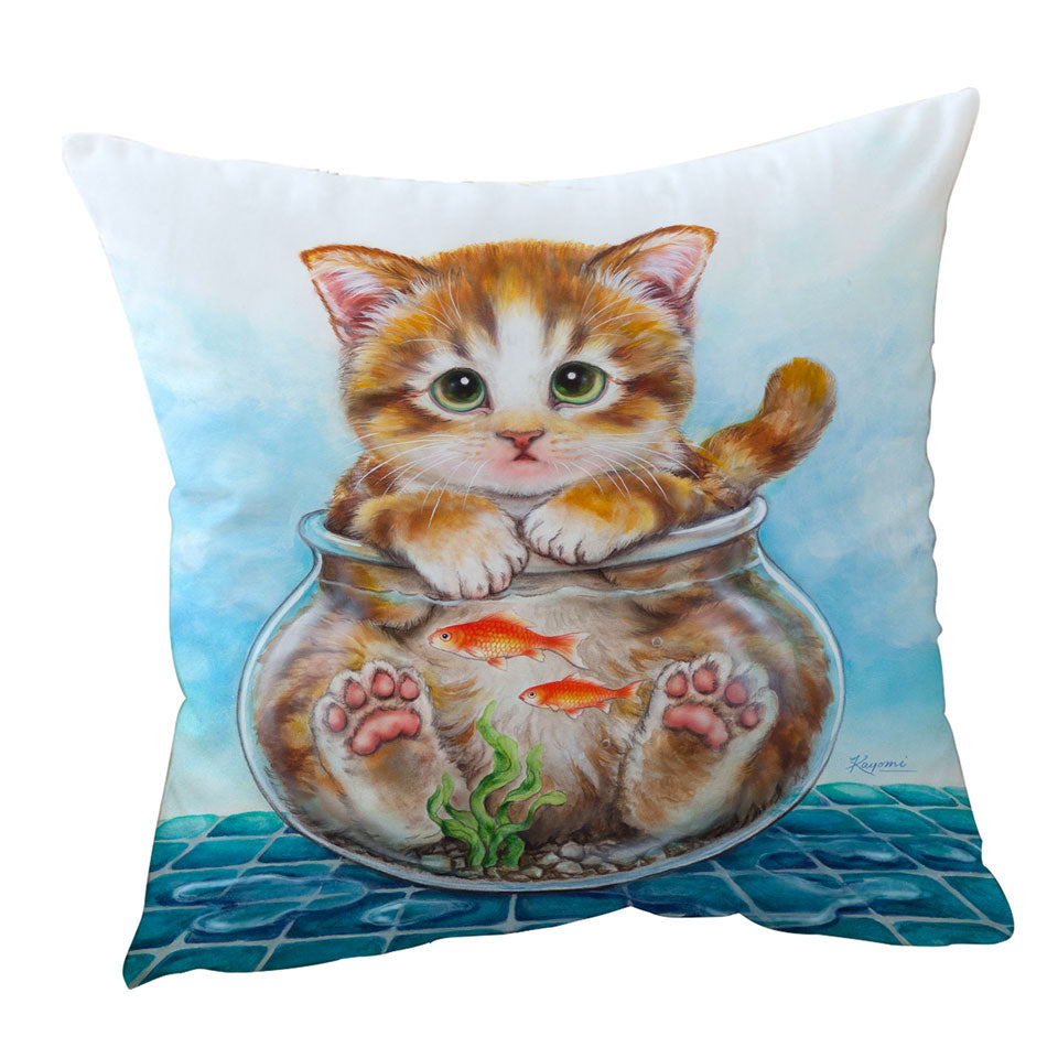 Funny Cute Throw Pillows Cats Design Ginger Kitten in Fish Bowl