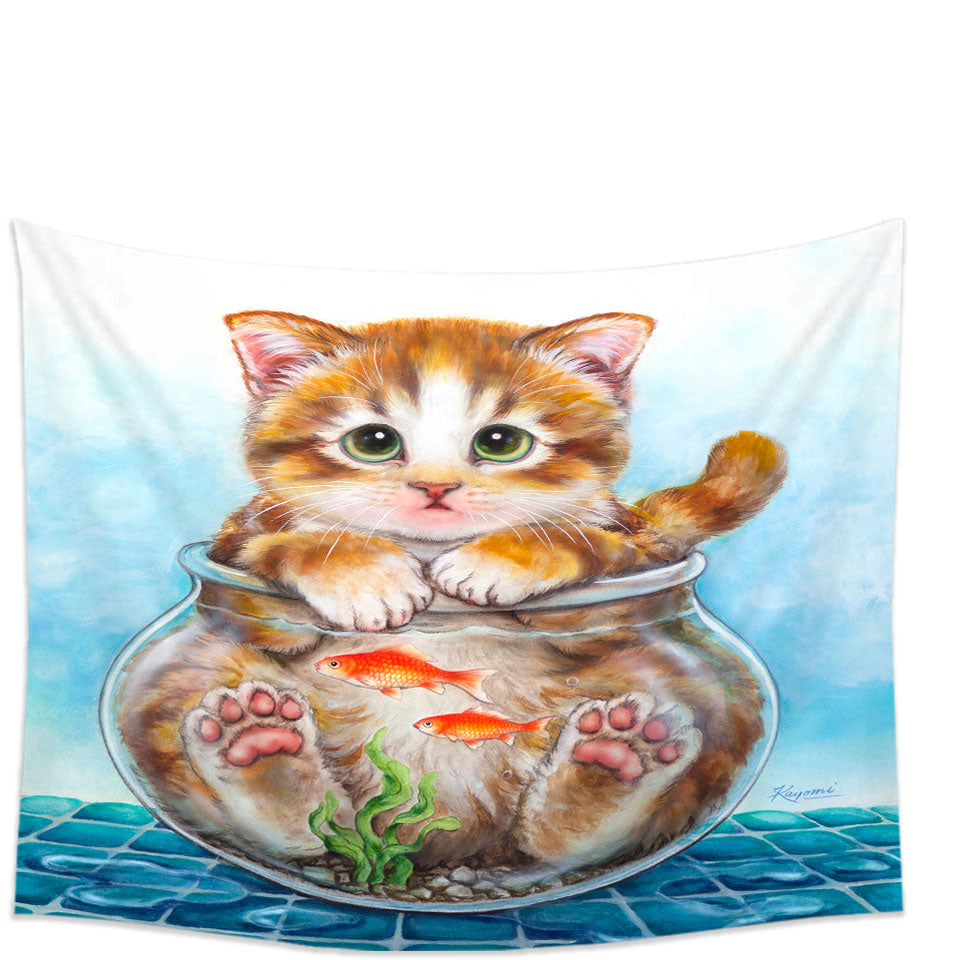 Funny Cute Wall Decor Cats Design Ginger Kitten in Fish Bowl