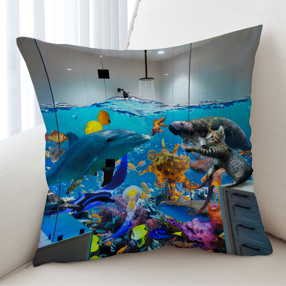 Funny Decorative Cushions Artwork Crazy Shower Room Marine Life and Cat