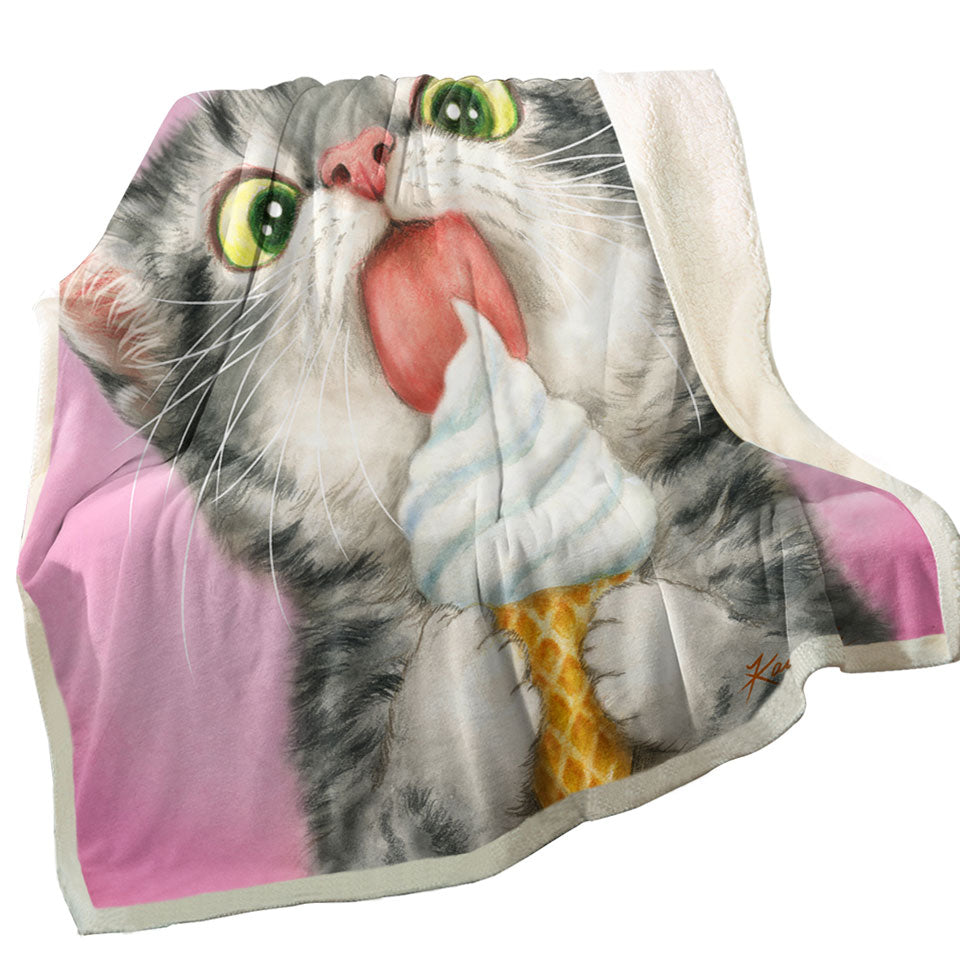 Funny Decorative Throws Cute Cats Art Licking Ice Cream Kitten