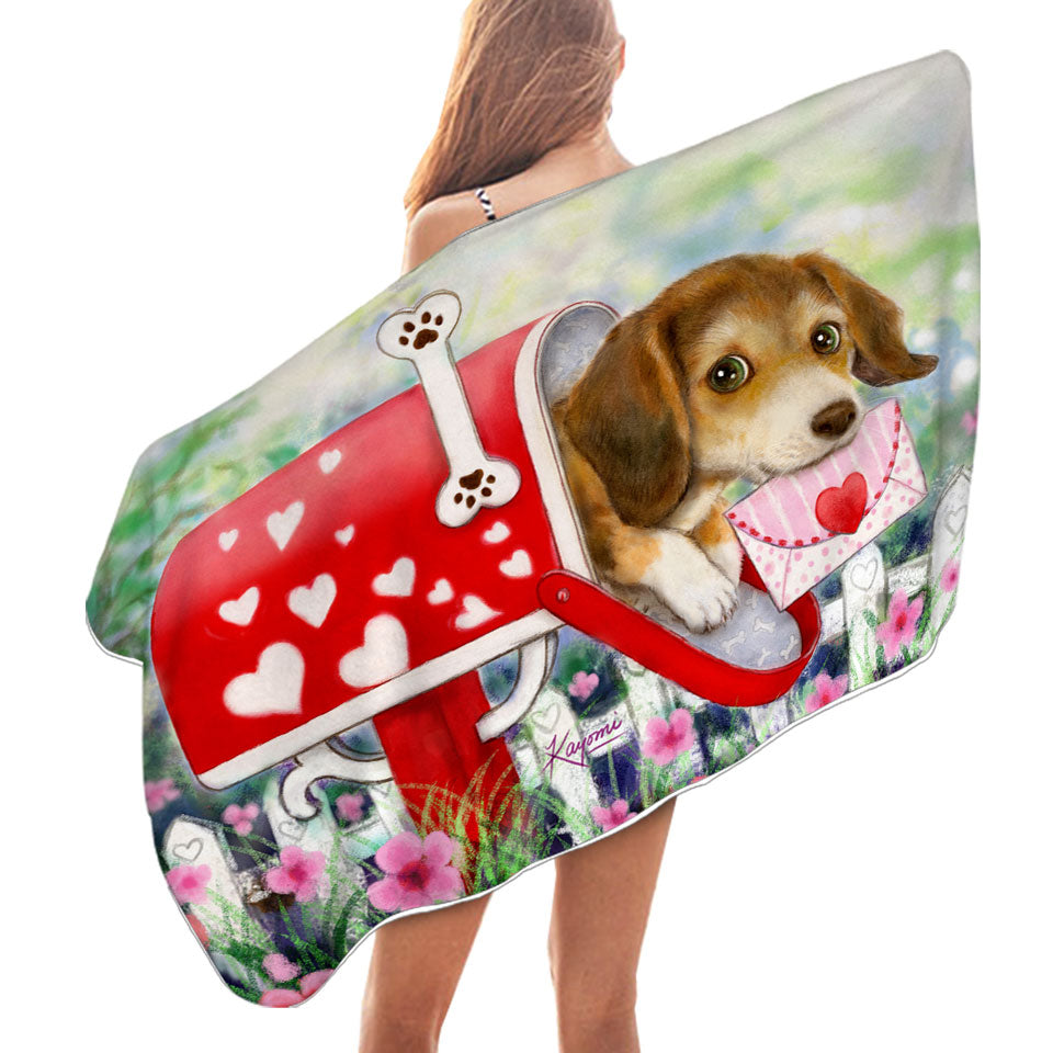 Funny Dog Mailbox Puppy with Hearts Beach Towels