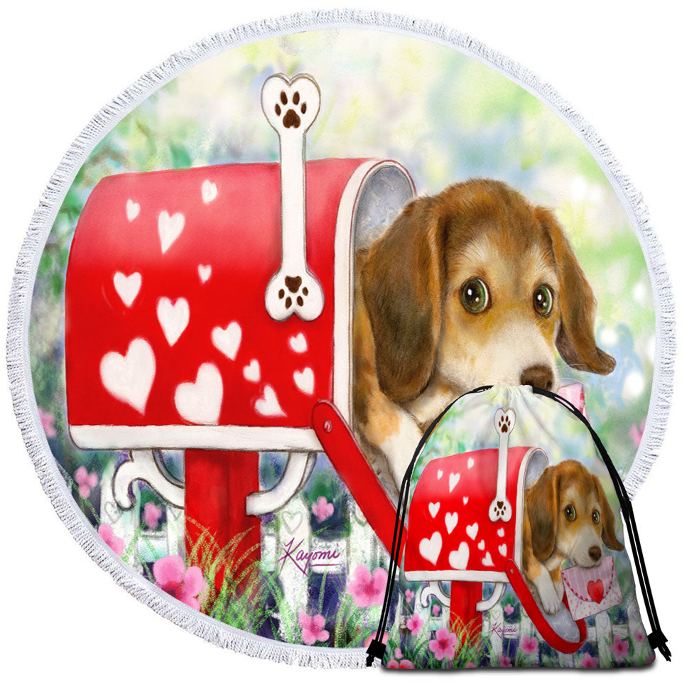 Funny Dog Mailbox Puppy with Hearts Circle Beach Towel