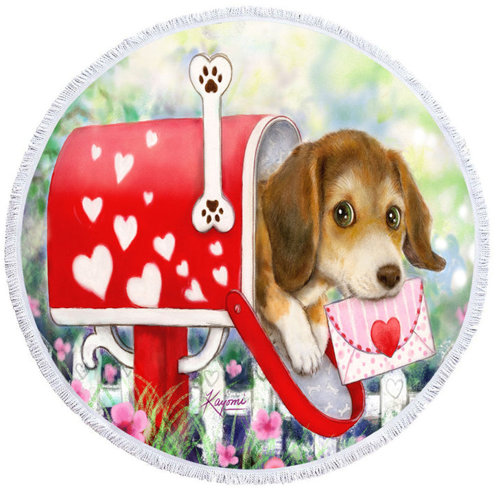 Funny Dog Mailbox Puppy with Hearts Round Beach Towel