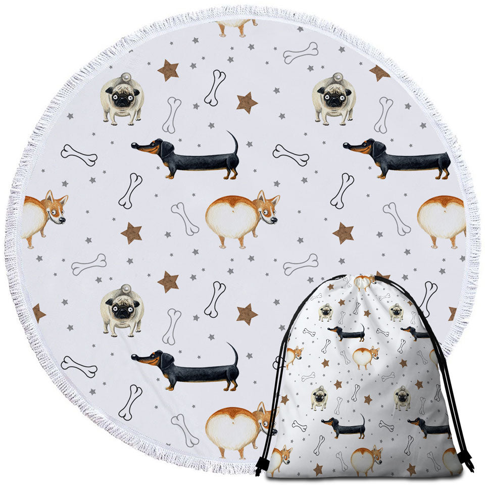 Funny Dogs and Bones Round Beach Towel