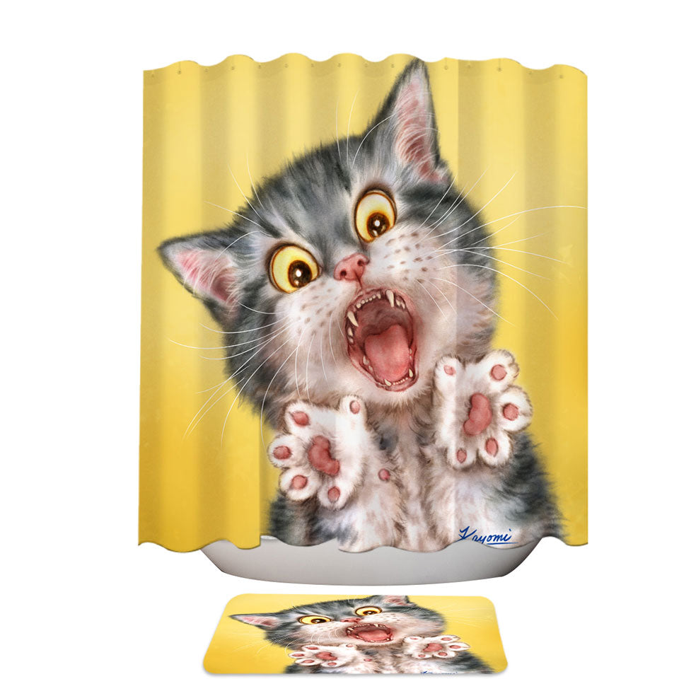 Funny Fabric Shower Curtains Painted Cats Screaming Grey Kitten