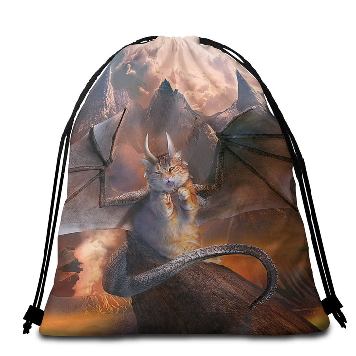 Funny Fantasy Beach Towel Bags Art Evil Dragon Kitty Cat