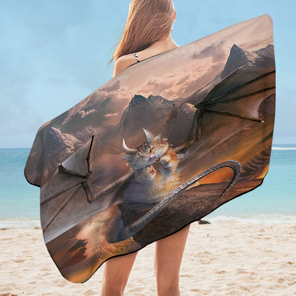 Funny Fantasy Microfiber Beach Towel Art Evil Dragon Kitty Cat