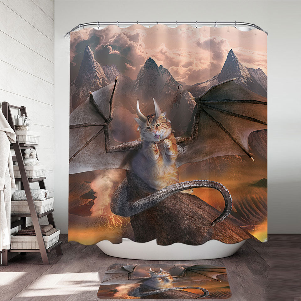 Funny Fantasy Shower Curtain Art Evil Dragon Kitty Cat