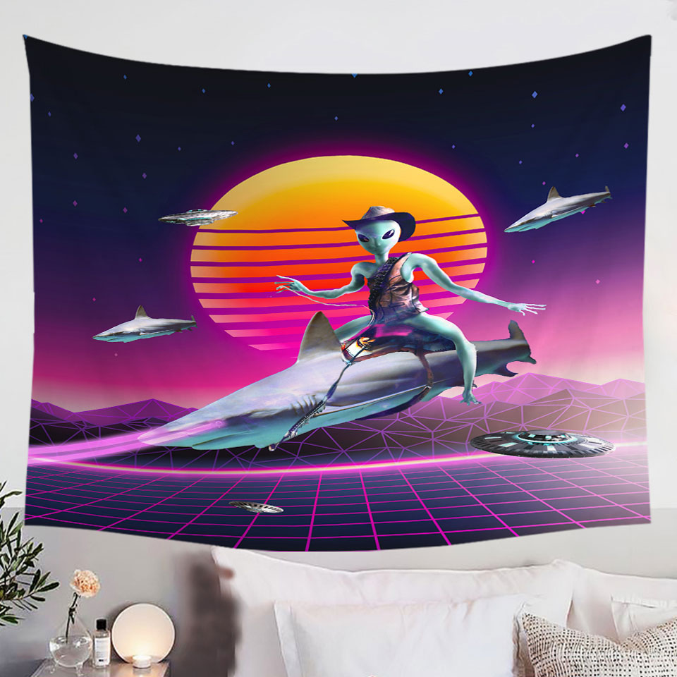 Funny-Fiction-Art-Cowboy-Space-Alien-Riding-Shark-Tapestry