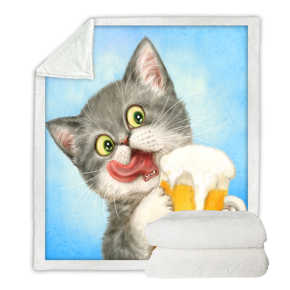 Funny Fleece Blankets Cats Art Crazy for Beer Grey Kitten