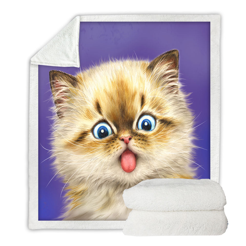 Funny Fleece Blankets Fool Face Kitten Cat with Tongue Out