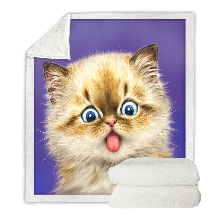 Funny Fleece Blankets Fool Face Kitten Cat with Tongue Out