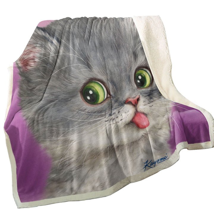 Funny Fleece Blankets Tongue Out Funny Face Grey Kitten Cat