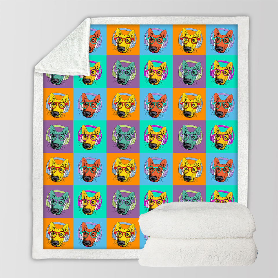 Funny Fleece Blankets with a Panel of Multi Colored Cool Hipster Dog