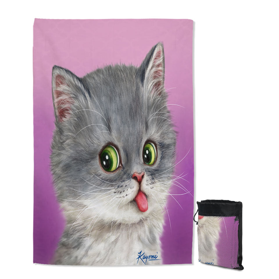 Funny Giant Beach Towel Tongue Out Funny Face Grey Kitten Cat
