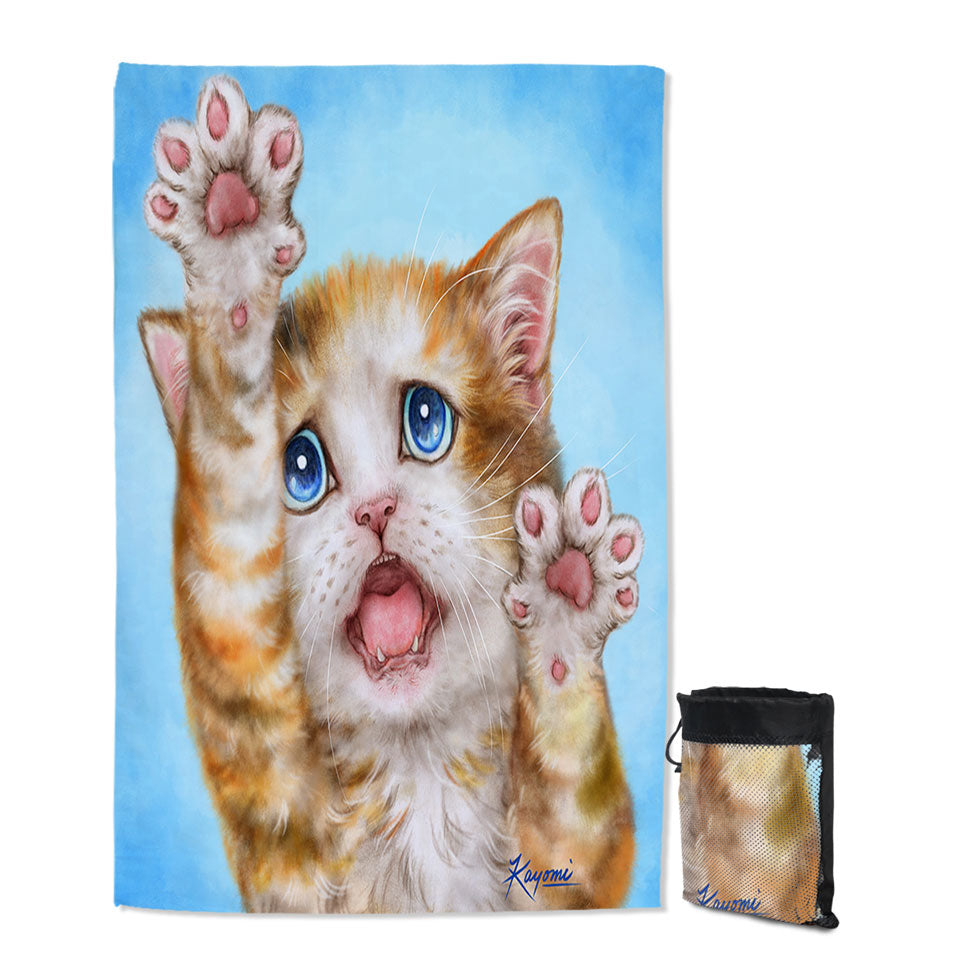 Funny Giant Beach Towel with Kittens Stressed Ginger Kitty Cat over Blue