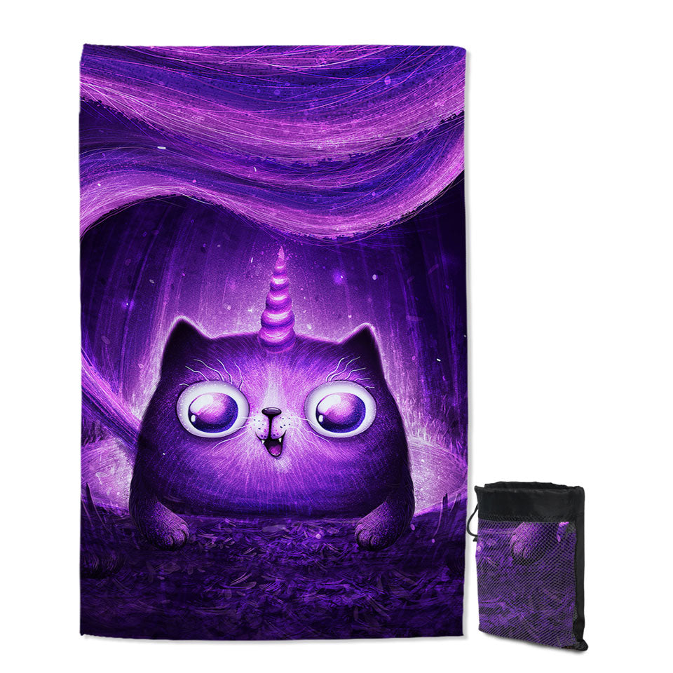 Funny Giant Beach Towels Crazy Eyes Purple Unicorn Cat