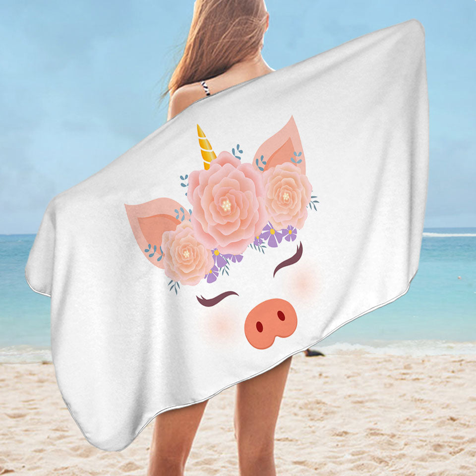Funny Girls Beach Towels Flowery Unicorn Piggy
